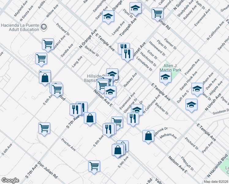 map of restaurants, bars, coffee shops, grocery stores, and more near 14637 Nelson Avenue East in La Puente