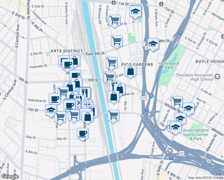 map of restaurants, bars, coffee shops, grocery stores, and more near 2228 Jesse Street in Los Angeles