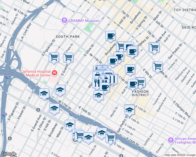 map of restaurants, bars, coffee shops, grocery stores, and more near 218 East 12th Street in Los Angeles