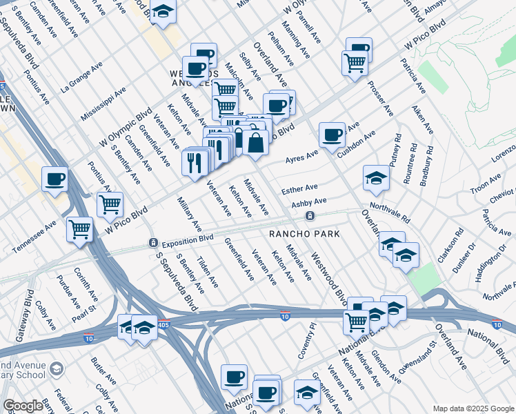 map of restaurants, bars, coffee shops, grocery stores, and more near 2561 Midvale Avenue in Los Angeles