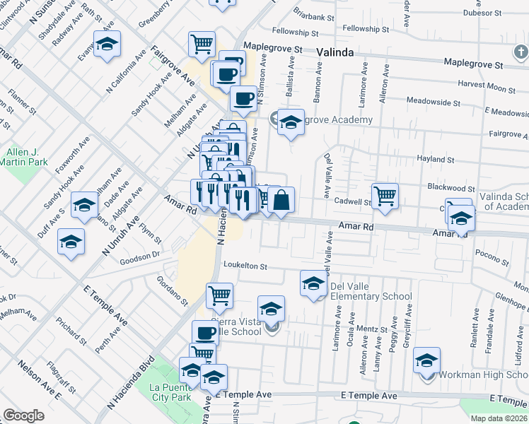 map of restaurants, bars, coffee shops, grocery stores, and more near 1033 Fickewirth Avenue in La Puente