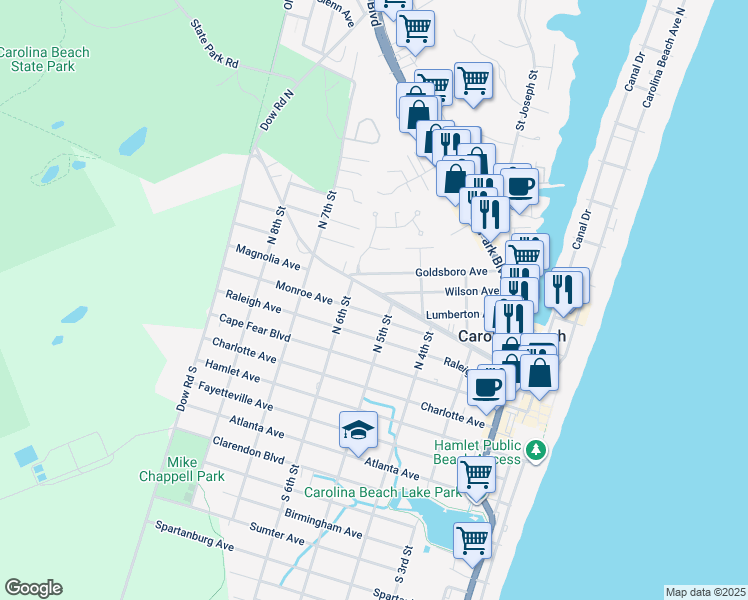 map of restaurants, bars, coffee shops, grocery stores, and more near 507 Harper Avenue in Carolina Beach