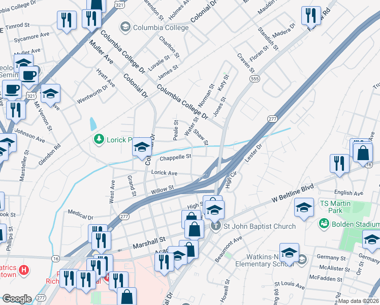 map of restaurants, bars, coffee shops, grocery stores, and more near 4021 Water Street in Columbia