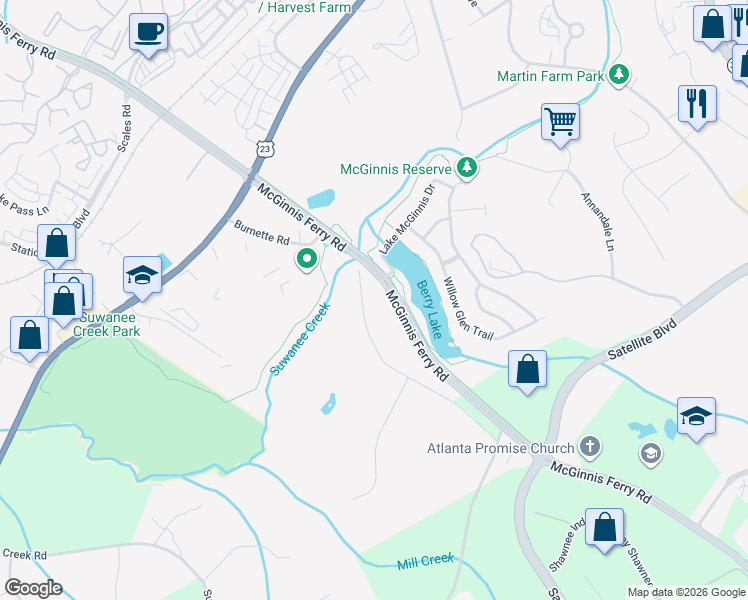 map of restaurants, bars, coffee shops, grocery stores, and more near 3593 Burnette Road in Suwanee