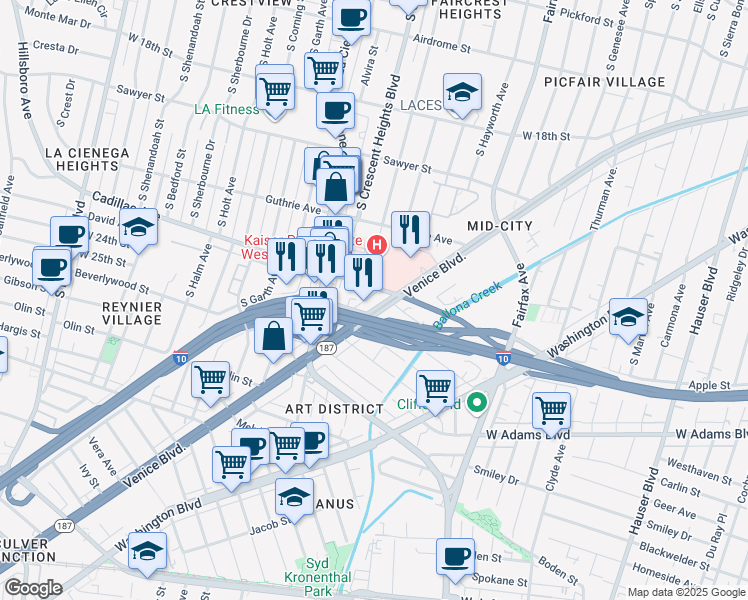 map of restaurants, bars, coffee shops, grocery stores, and more near 6007 Venice Boulevard in Los Angeles