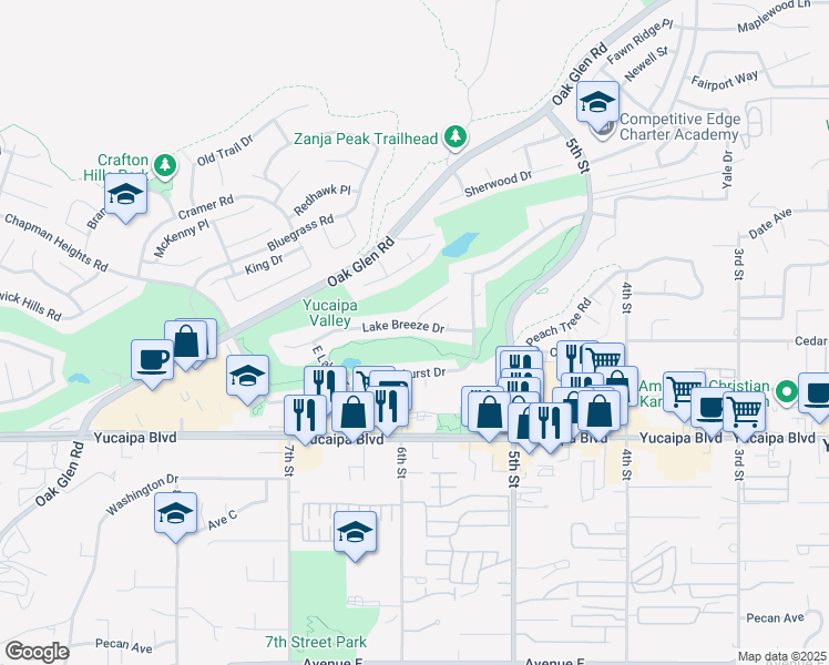 map of restaurants, bars, coffee shops, grocery stores, and more near 34143 Lake Breeze Drive in Yucaipa