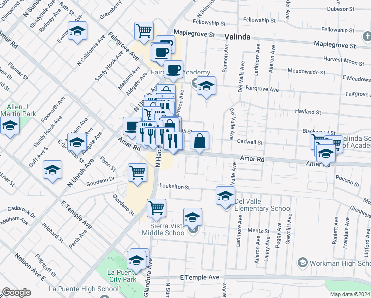map of restaurants, bars, coffee shops, grocery stores, and more near 15503 Amar Road in La Puente