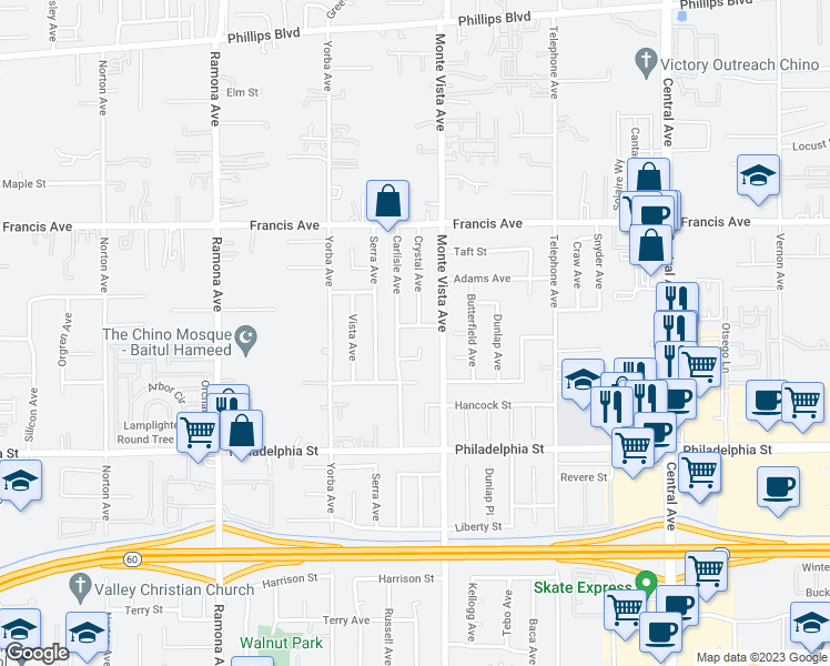 map of restaurants, bars, coffee shops, grocery stores, and more near 4853 Constitution Street in Chino