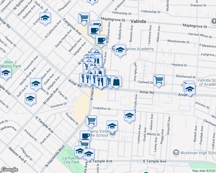 map of restaurants, bars, coffee shops, grocery stores, and more near 1033 Fickewirth Avenue in La Puente