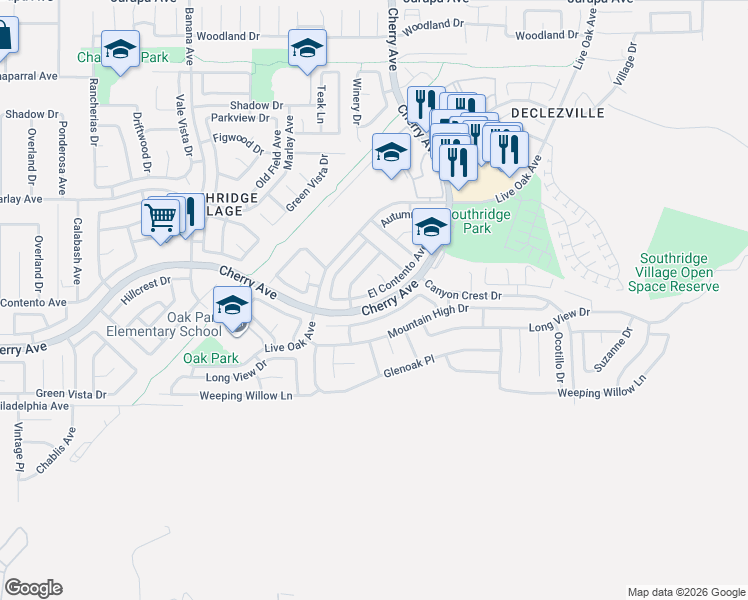 map of restaurants, bars, coffee shops, grocery stores, and more near 14477 El Contento Avenue in Fontana