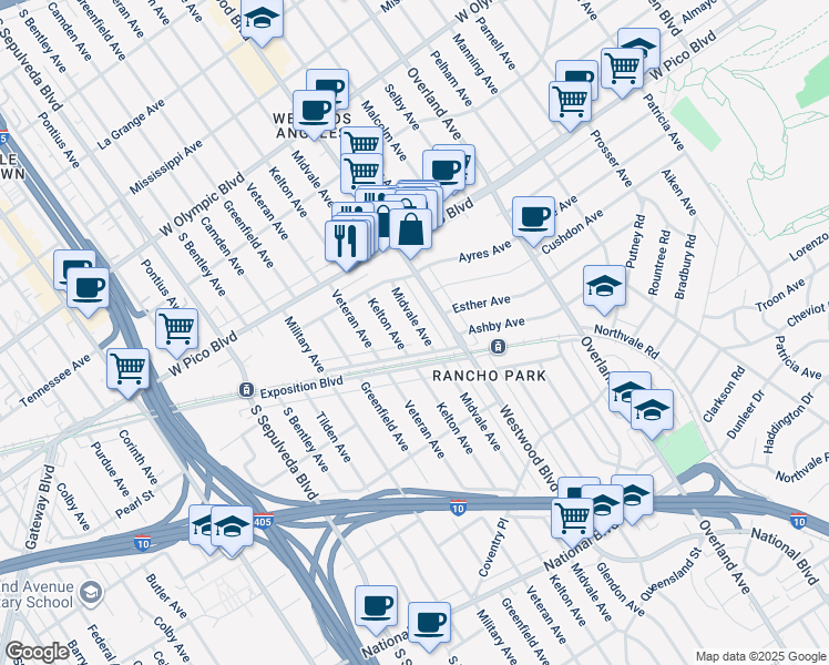 map of restaurants, bars, coffee shops, grocery stores, and more near 2561 Midvale Avenue in Los Angeles