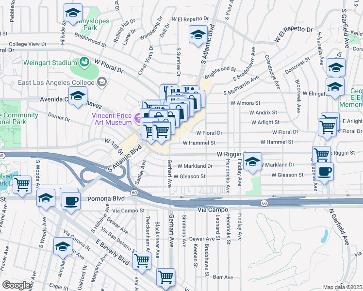 map of restaurants, bars, coffee shops, grocery stores, and more near 648 West Hammel Street in Monterey Park