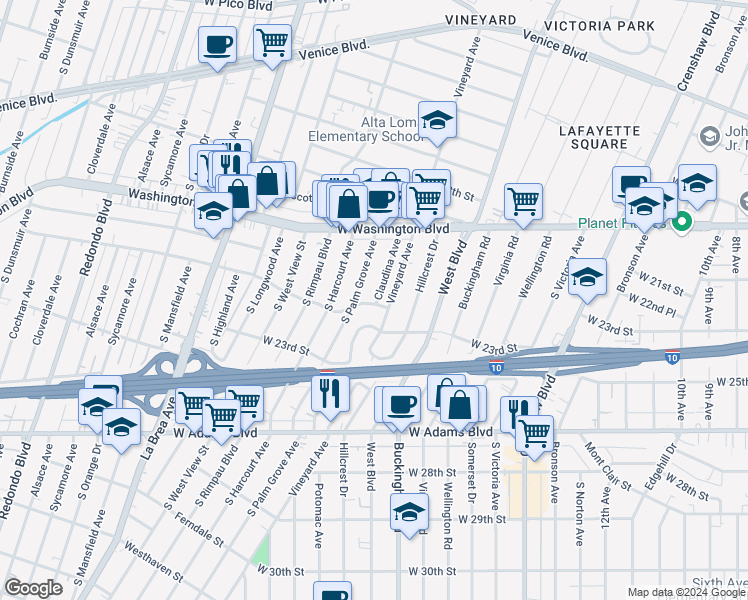 map of restaurants, bars, coffee shops, grocery stores, and more near 2045 Claudina Avenue in Los Angeles