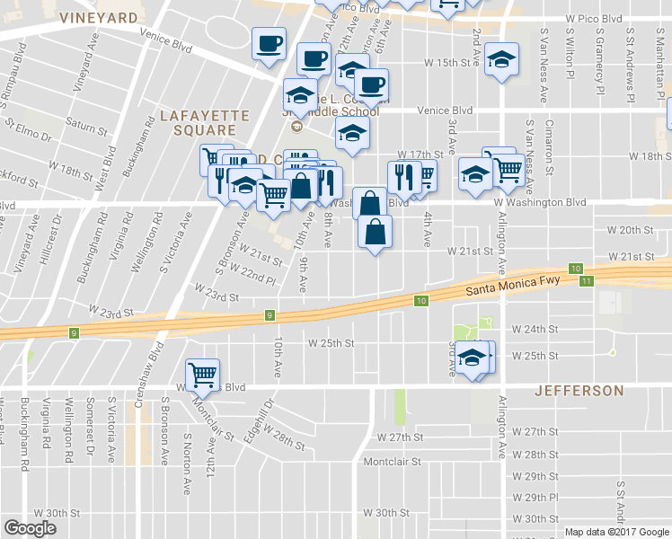 map of restaurants, bars, coffee shops, grocery stores, and more near 2122 8th Avenue in Los Angeles