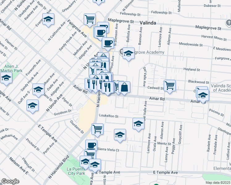 map of restaurants, bars, coffee shops, grocery stores, and more near 15503 Amar Road in La Puente
