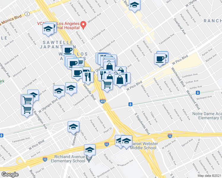 map of restaurants, bars, coffee shops, grocery stores, and more near 2311 Pontius Avenue in Los Angeles