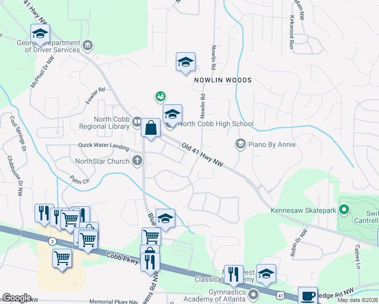map of restaurants, bars, coffee shops, grocery stores, and more near 3502 Clear Creek Crossing Northwest in Kennesaw
