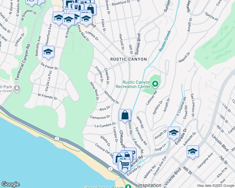 map of restaurants, bars, coffee shops, grocery stores, and more near 557 Toyopa Drive in Los Angeles