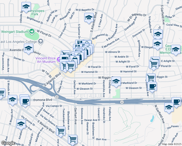 map of restaurants, bars, coffee shops, grocery stores, and more near 604 West Hammel Street in Monterey Park