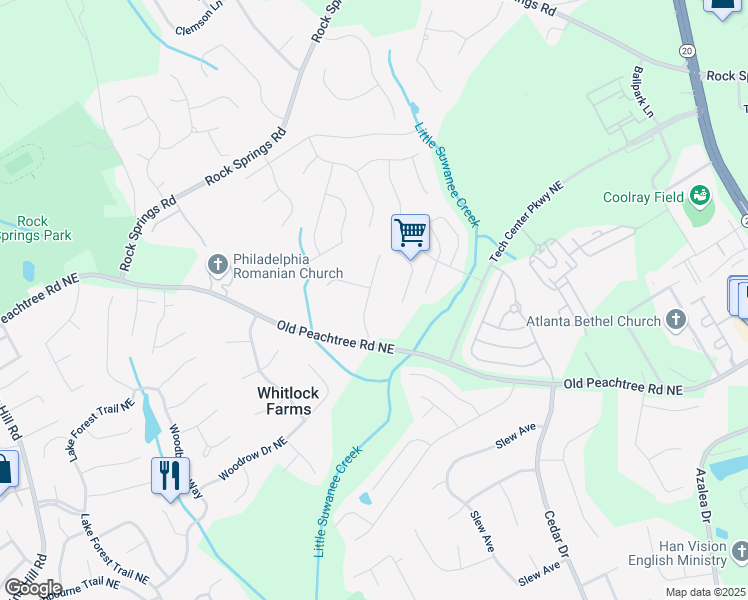 map of restaurants, bars, coffee shops, grocery stores, and more near 2645 Sandstone Drive in Lawrenceville