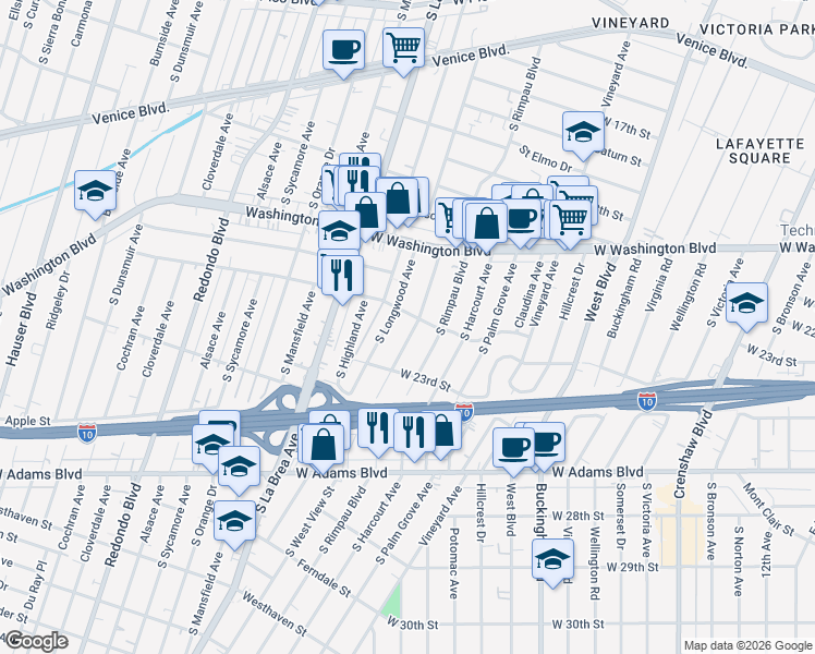 map of restaurants, bars, coffee shops, grocery stores, and more near 2109 South West View Street in Los Angeles