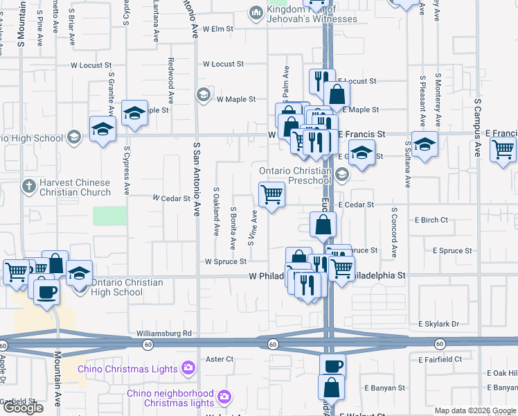 map of restaurants, bars, coffee shops, grocery stores, and more near 1943 South Vine Avenue in Ontario