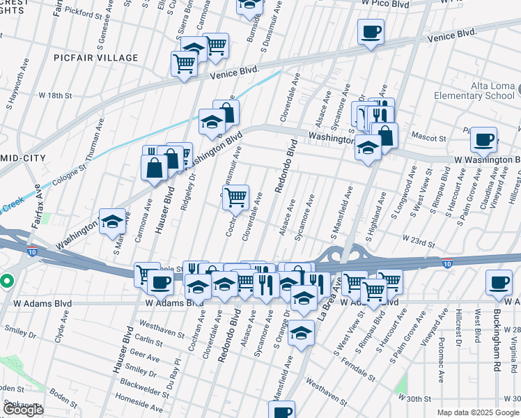 map of restaurants, bars, coffee shops, grocery stores, and more near 2230 Cloverdale Avenue in Los Angeles