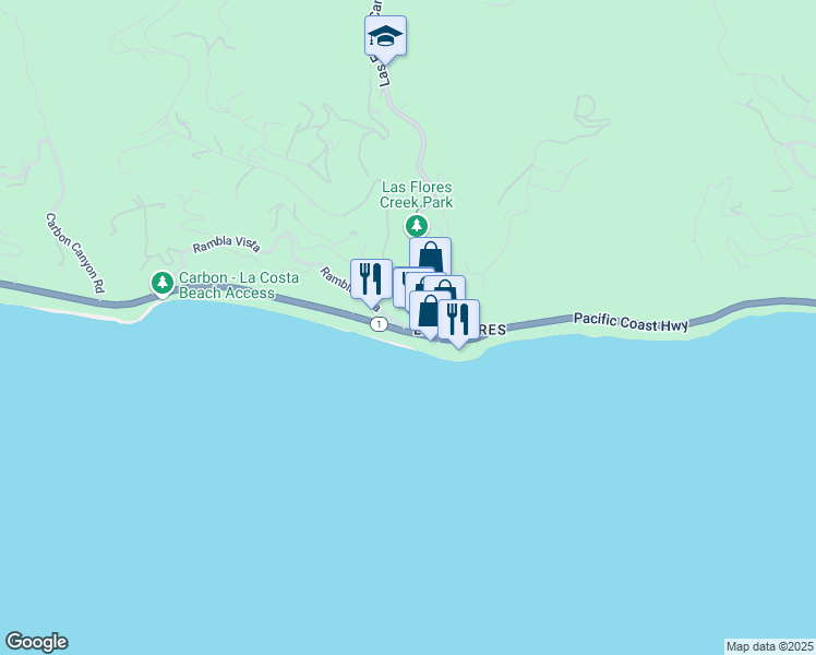 map of restaurants, bars, coffee shops, grocery stores, and more near 21415 Rambla Vista in Malibu