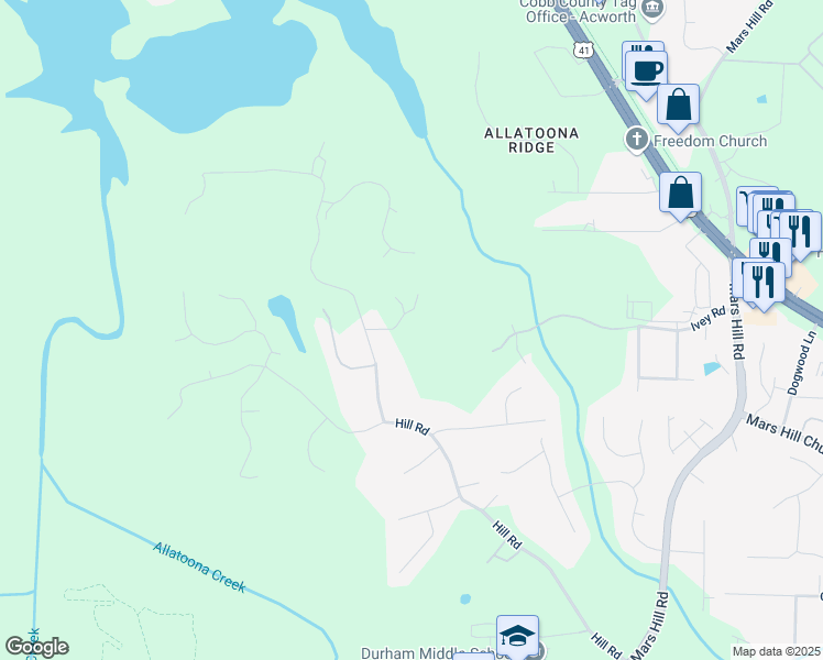 map of restaurants, bars, coffee shops, grocery stores, and more near 3370 Hill Forest Trail in Acworth
