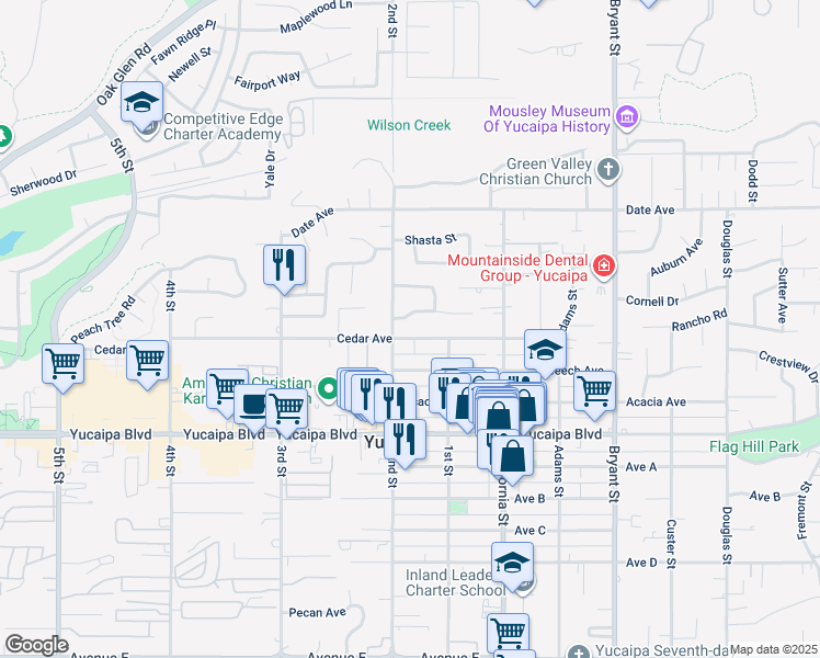 map of restaurants, bars, coffee shops, grocery stores, and more near 34952 Gail Avenue in Yucaipa