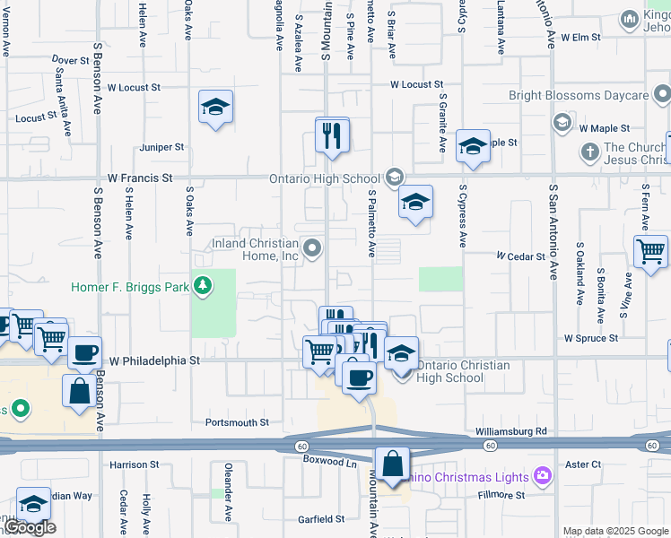 map of restaurants, bars, coffee shops, grocery stores, and more near 1951 South Mountain Avenue in Ontario