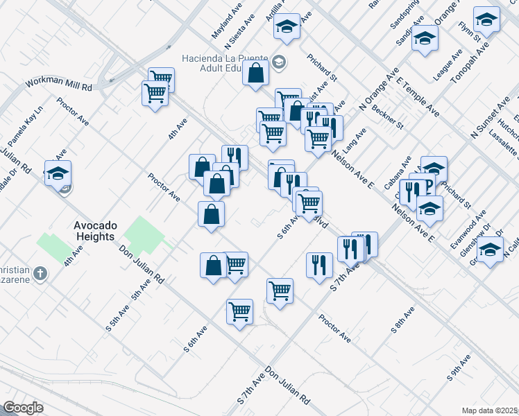 map of restaurants, bars, coffee shops, grocery stores, and more near 14232 Valley Boulevard in La Puente