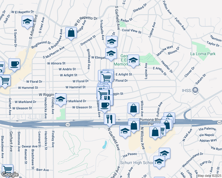 map of restaurants, bars, coffee shops, grocery stores, and more near 104 East Floral Drive in Monterey Park
