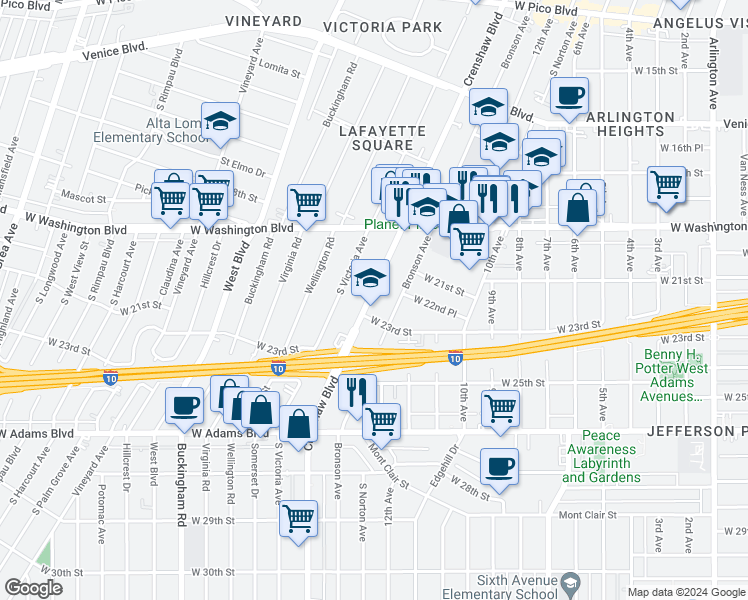 map of restaurants, bars, coffee shops, grocery stores, and more near 2216 Crenshaw Boulevard in Los Angeles