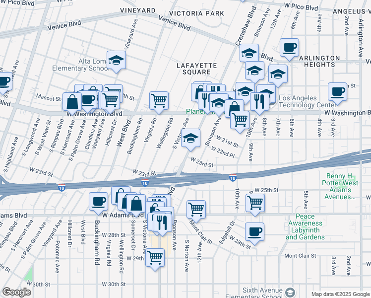 map of restaurants, bars, coffee shops, grocery stores, and more near 2009 South Victoria Avenue in Los Angeles