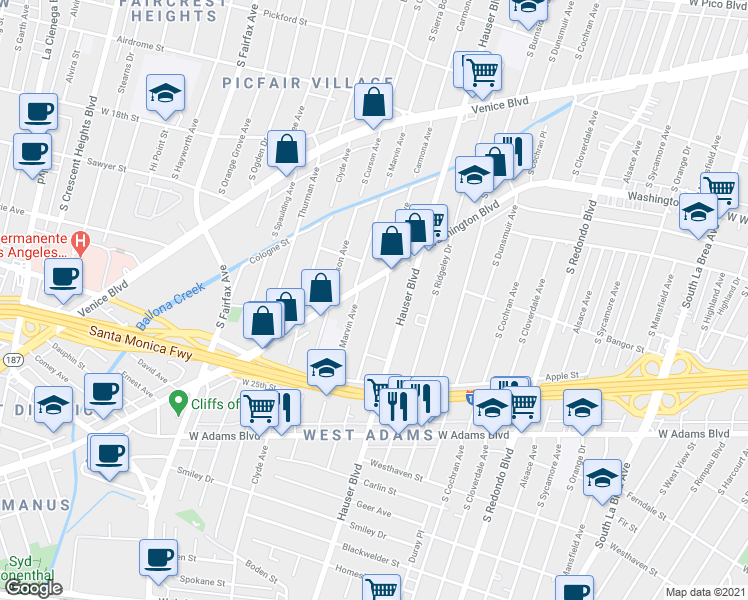 map of restaurants, bars, coffee shops, grocery stores, and more near in Los Angeles