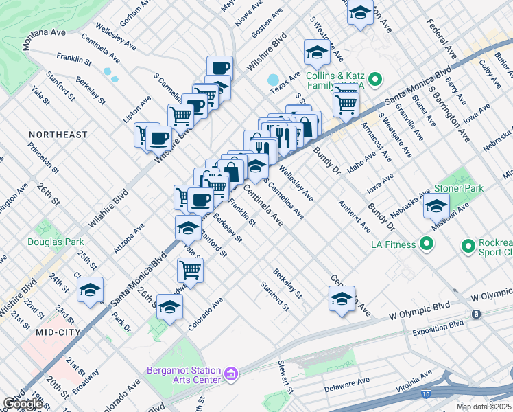 map of restaurants, bars, coffee shops, grocery stores, and more near 1427 Centinela Avenue in Santa Monica