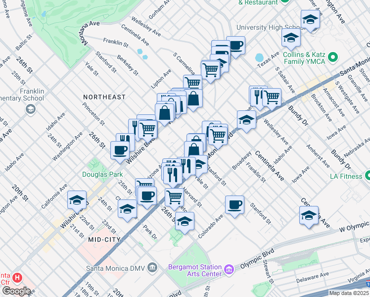 map of restaurants, bars, coffee shops, grocery stores, and more near 3024 Arizona Avenue in Santa Monica