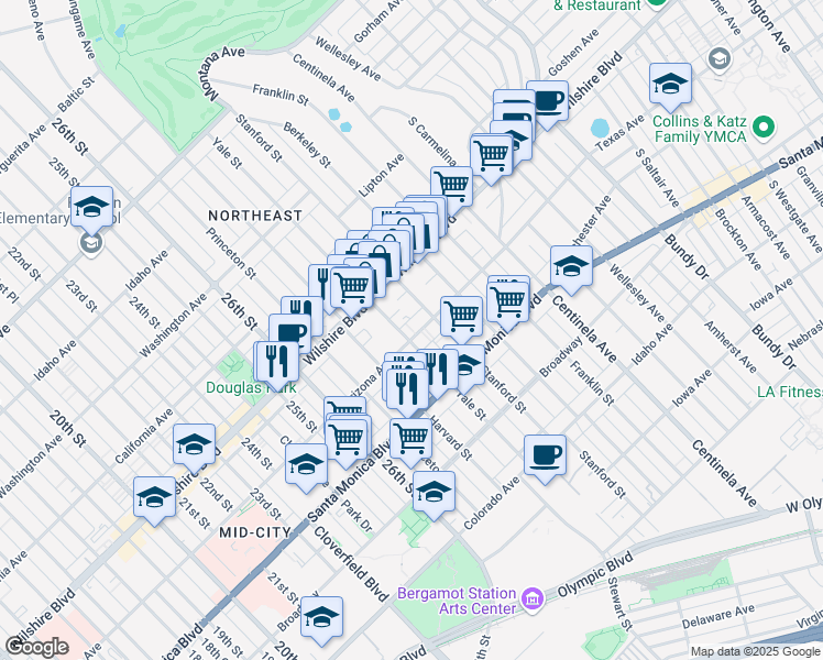 map of restaurants, bars, coffee shops, grocery stores, and more near 1244 Stanford Street in Santa Monica