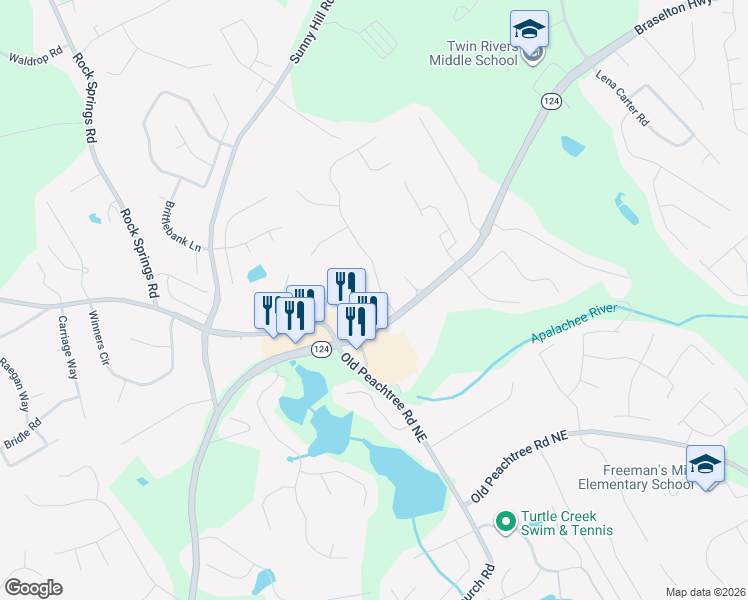 map of restaurants, bars, coffee shops, grocery stores, and more near 1940 Wynfield Point Drive in Buford
