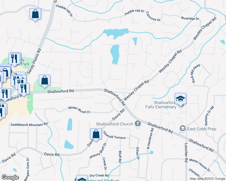 map of restaurants, bars, coffee shops, grocery stores, and more near 3590 Fricks Road in Marietta