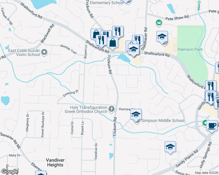 map of restaurants, bars, coffee shops, grocery stores, and more near 3626 Packhorse Run in Marietta