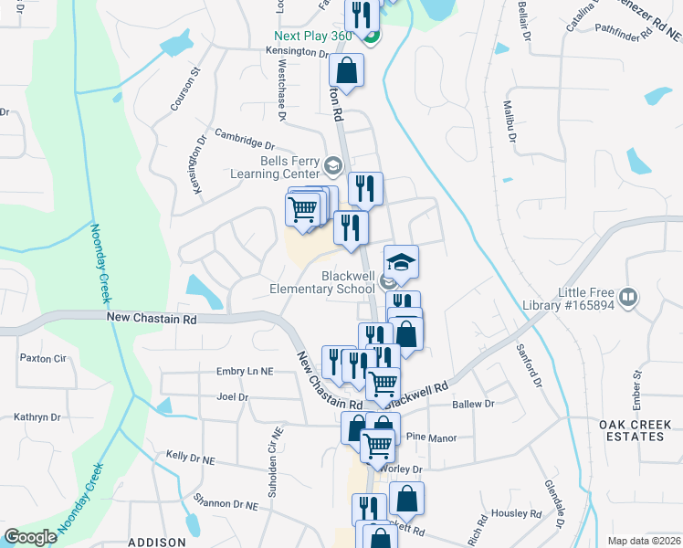map of restaurants, bars, coffee shops, grocery stores, and more near 719 Blackwell Circle in Marietta
