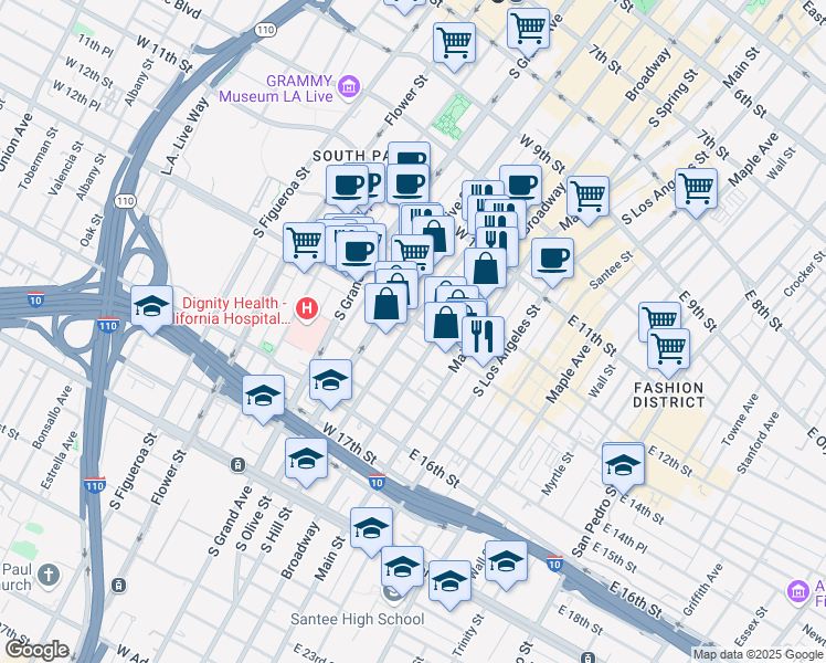 map of restaurants, bars, coffee shops, grocery stores, and more near 137 West 12th Street in Los Angeles