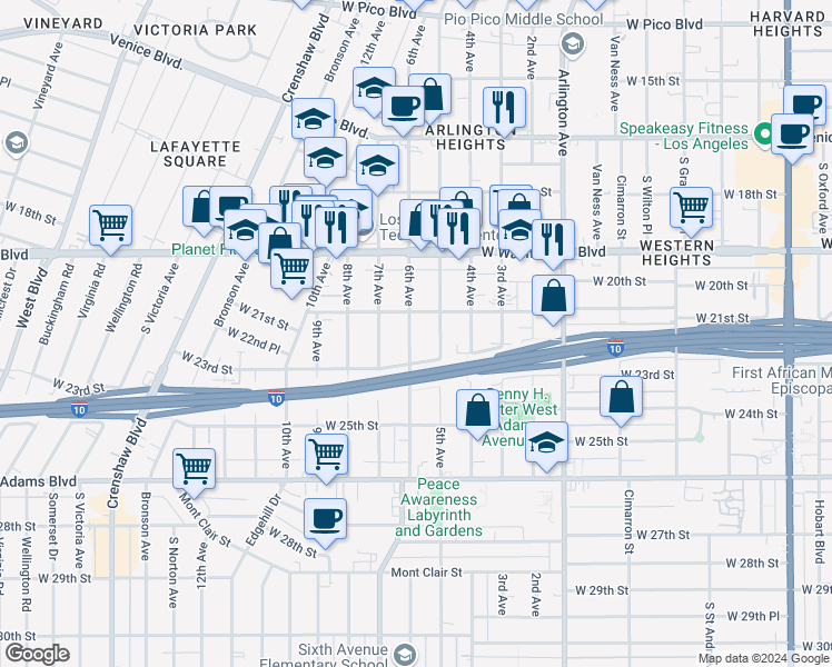 map of restaurants, bars, coffee shops, grocery stores, and more near 2122 6th Avenue in Los Angeles