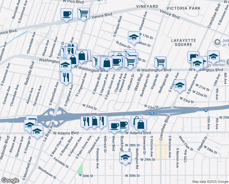 map of restaurants, bars, coffee shops, grocery stores, and more near 2045 Claudina Avenue in Los Angeles