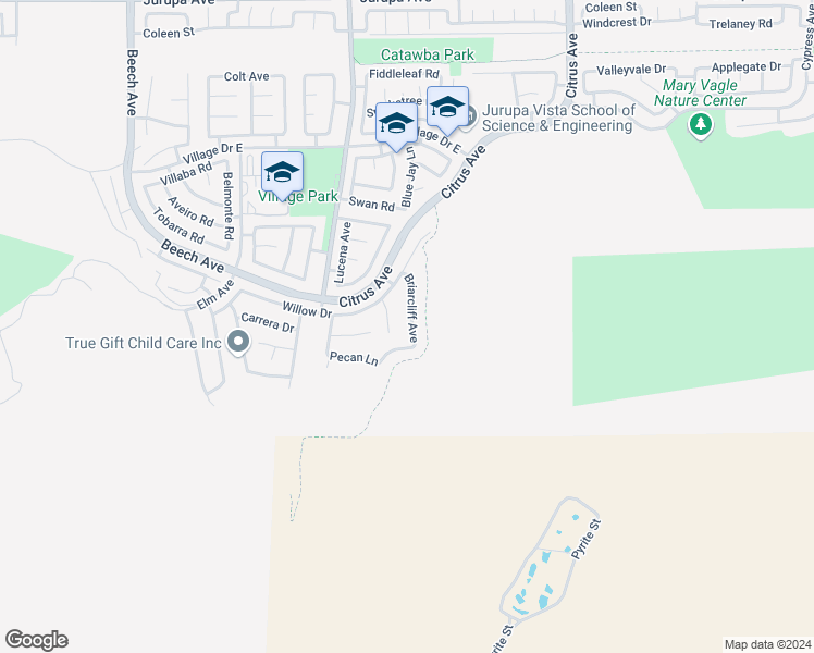 map of restaurants, bars, coffee shops, grocery stores, and more near 11950 Briarcliff Avenue in Fontana