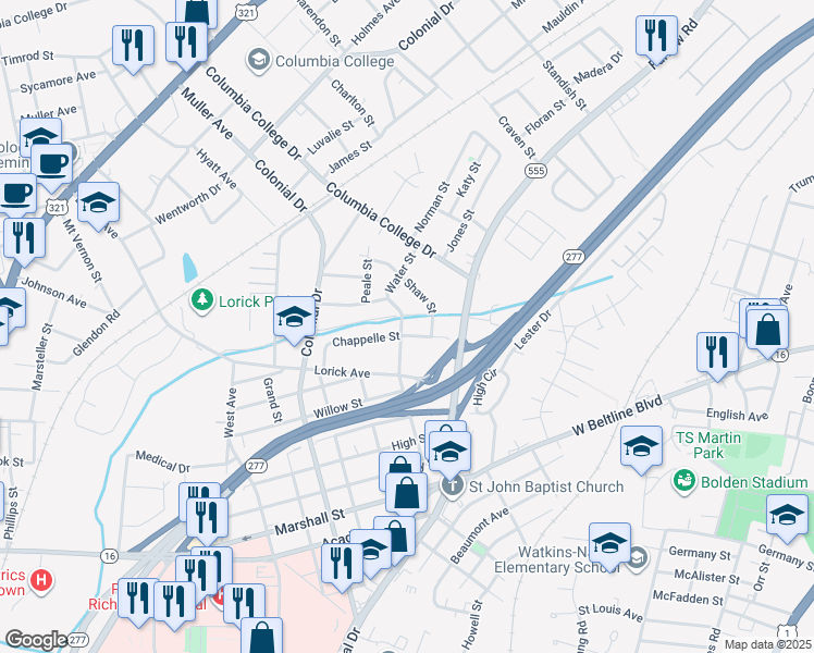 map of restaurants, bars, coffee shops, grocery stores, and more near 4021 Water Street in Columbia