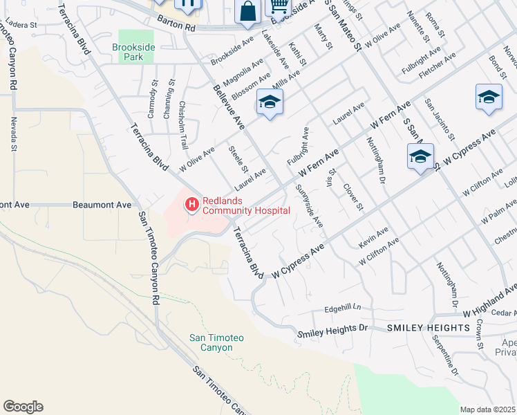 map of restaurants, bars, coffee shops, grocery stores, and more near 1547 West Fern Avenue in Redlands