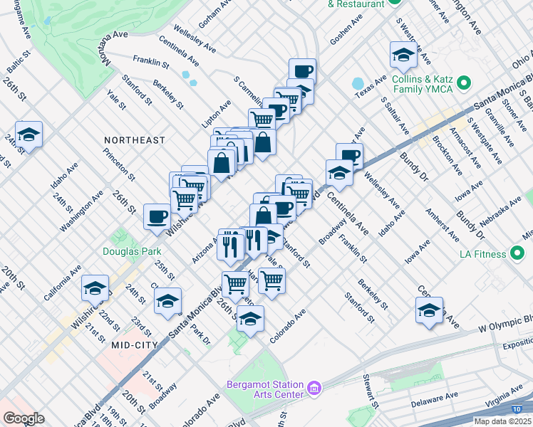 map of restaurants, bars, coffee shops, grocery stores, and more near 1327 Stanford Street in Santa Monica